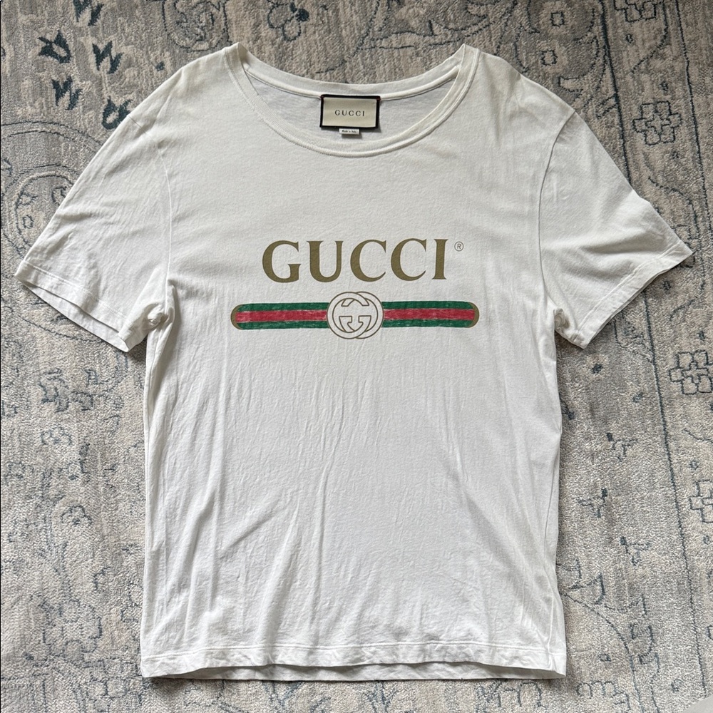 Gucci Cream Logo Tee with Green and Red Accents